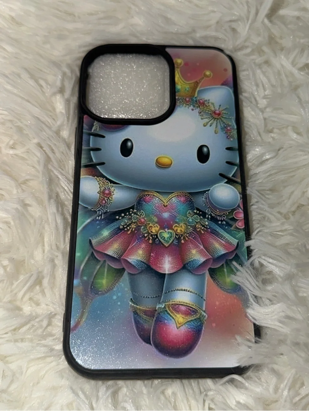 Hello Kitty Glitter Rainbow Princess Phone Case with Black Trim , 14 pro max